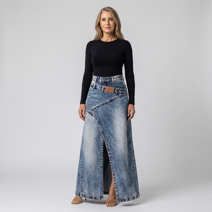 Womens Asymmetric Wrap Maxi Denim Skirt With Front Slit 8