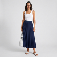 Women's Pleated Maxi Skirt – Navy Stretch Woven Skirt with Elastic Waist