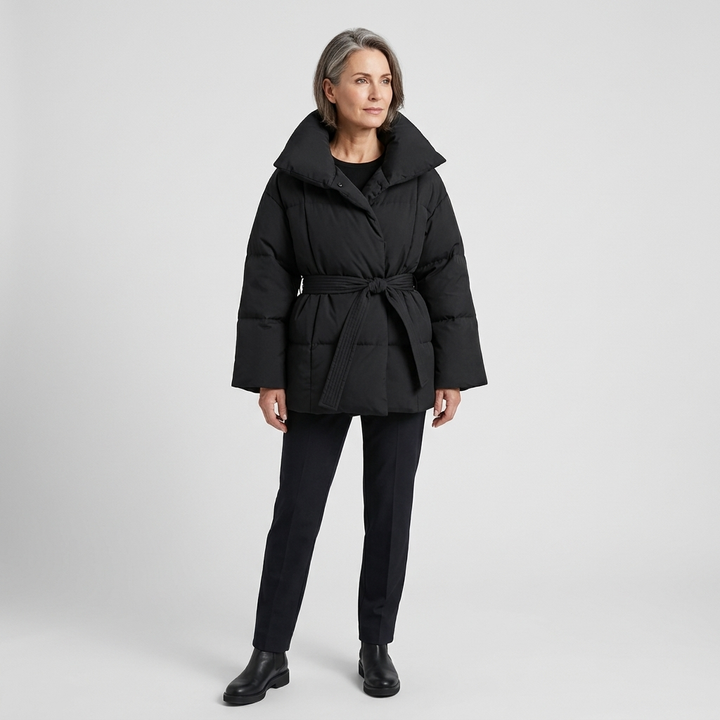 Womens Black Puffer Jacket With Oversized Collar Winter