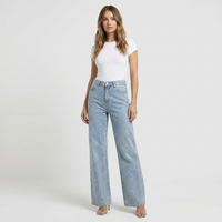 Women's High Waist Straight Leg Sparkle Jeans - Light Blue Stretch Denim Crystal Effect - Sizes S-XXL