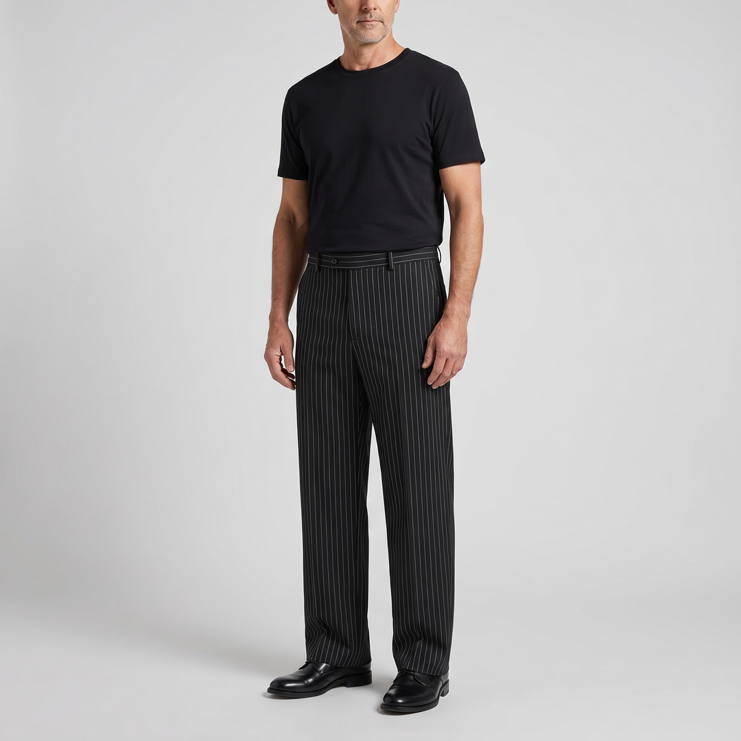 Mens Trousers Tailored Relaxed Wide Leg Pinstripe Black 2