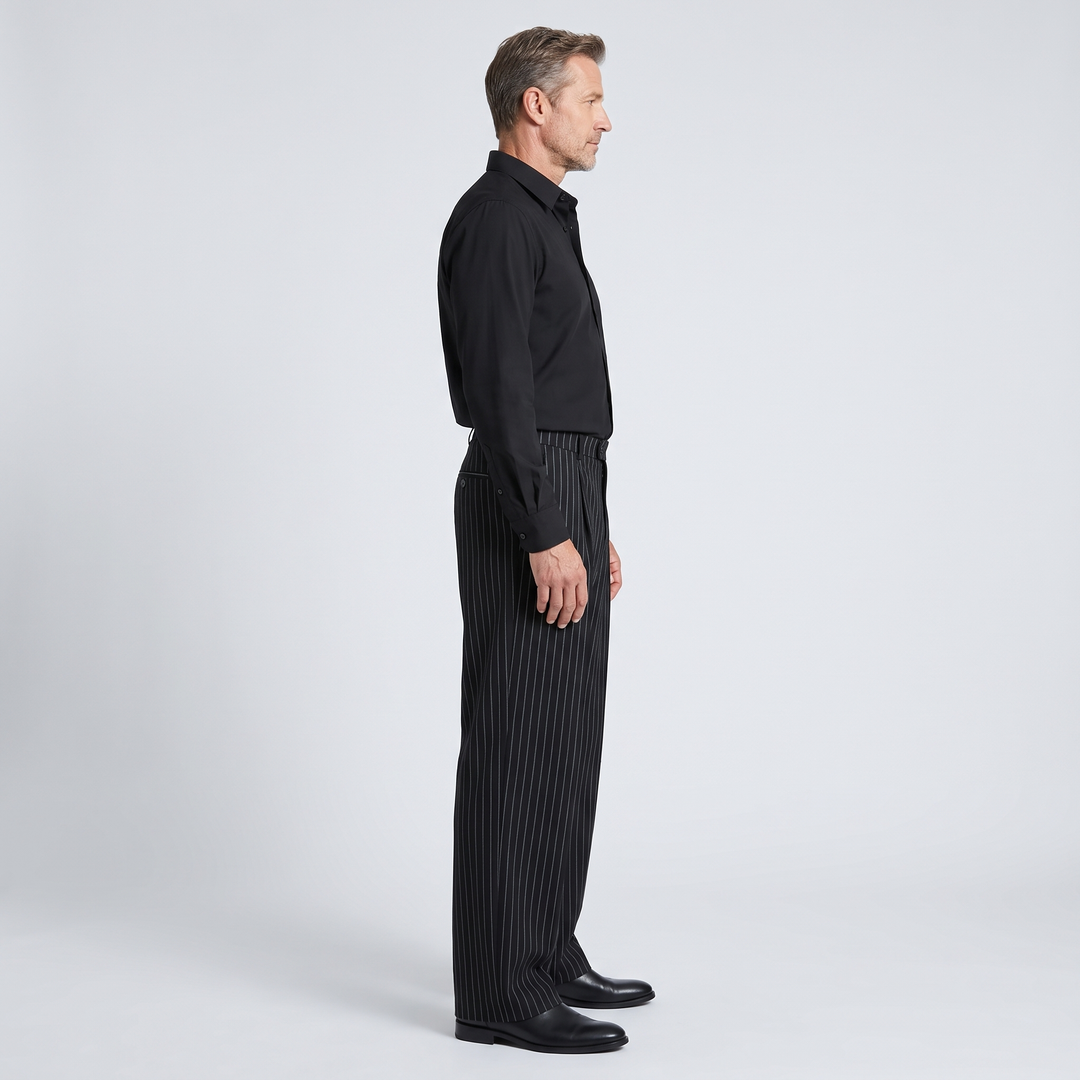 Mens Trousers Tailored Relaxed Wide Leg Pinstripe Black 3