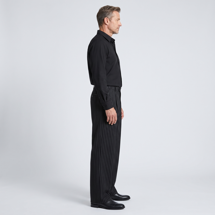 Mens Trousers Tailored Relaxed Wide Leg Pinstripe Black 3