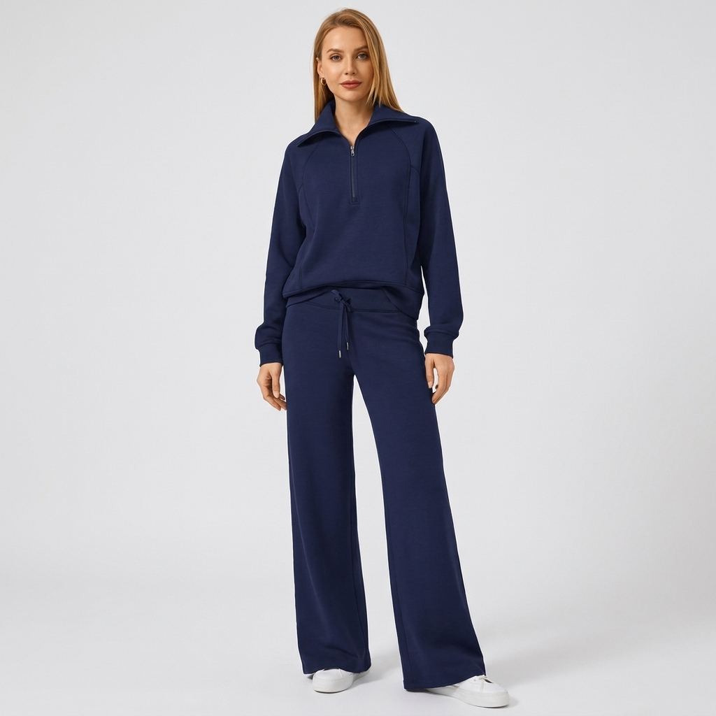 Women's Half-Zip Tracksuit Wide Leg Lounge Set Drawstring Waist 0