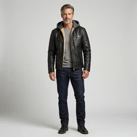 Men's Casual Removable Hood Leather Jacket Warm Lining