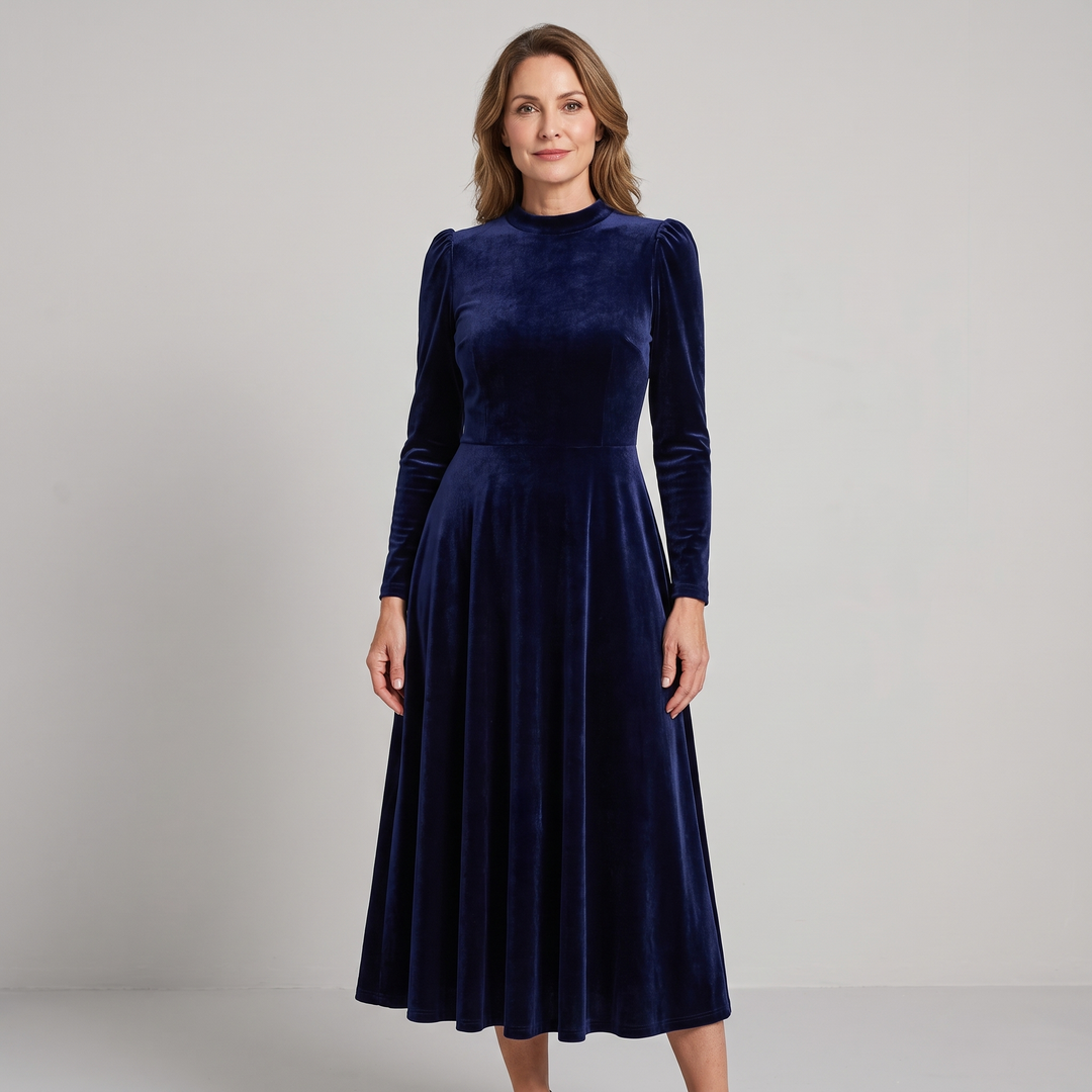 Women's Velvet Long Sleeve Midi Dress Navy Blue 0
