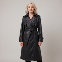 Women's Faux Leather Long Belted Trench Coat – Black