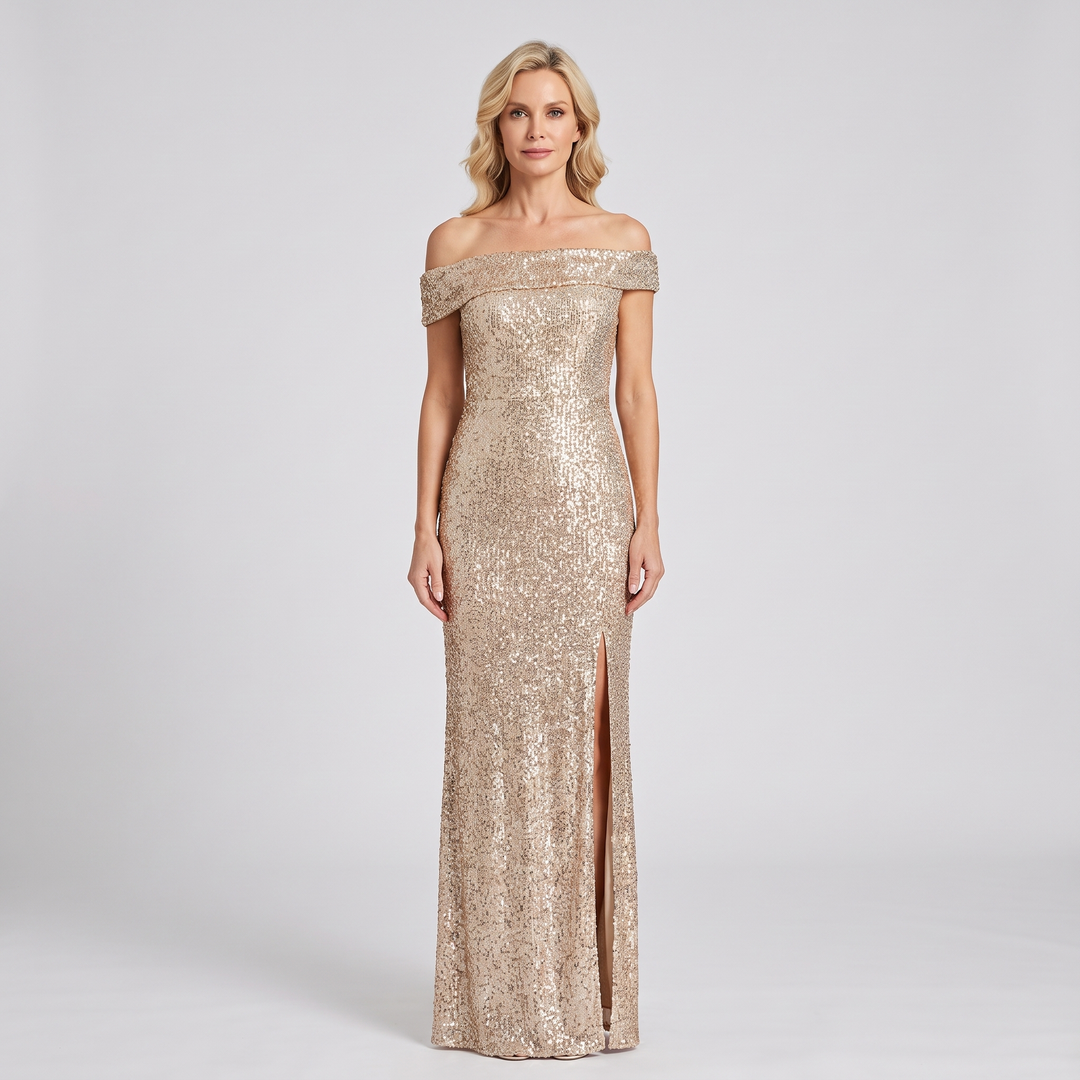 Women's Sequin Off-Shoulder Maxi Evening Dress Champagne 0