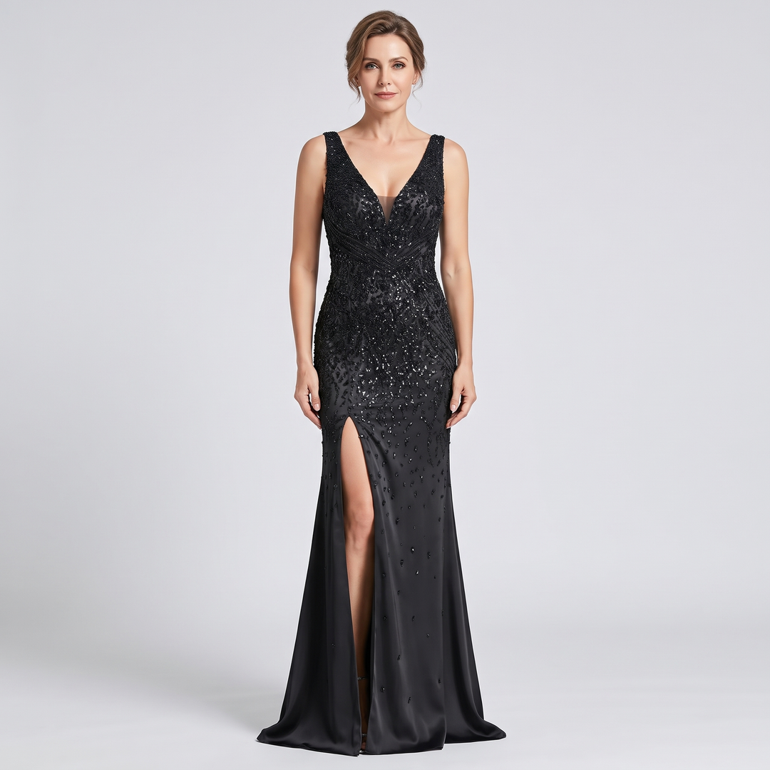 Women's Sequin V-Neck Ball Gown Maxi Dress Black 0