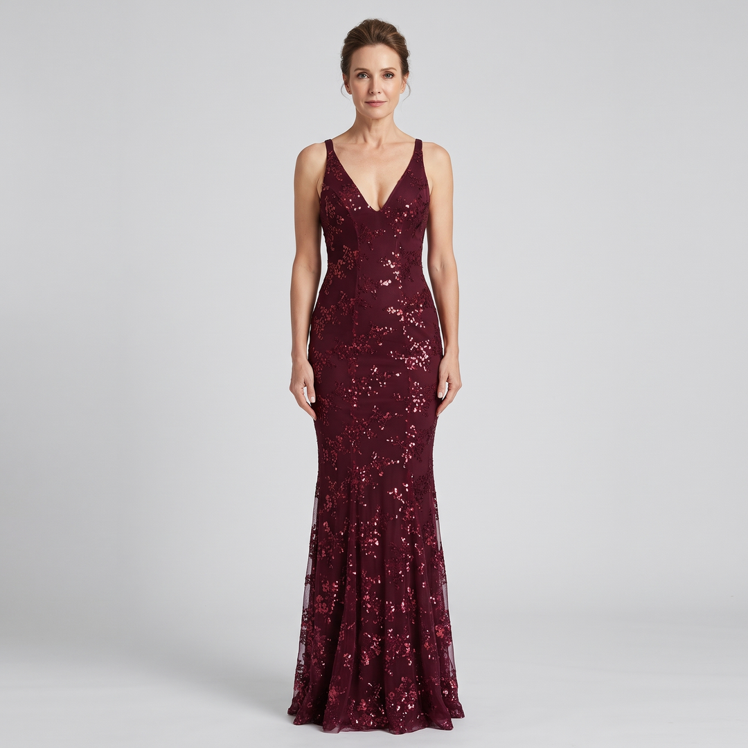 Women's Sequin V-Neck Maxi Dress Sleeveless Burgundy 0