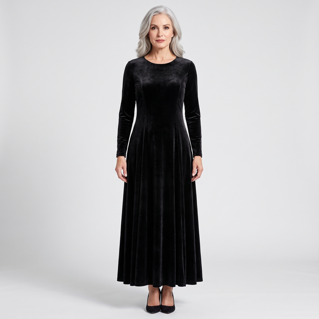 Women's Velvet Fit and Flare Maxi Dress Long Sleeve Black 0