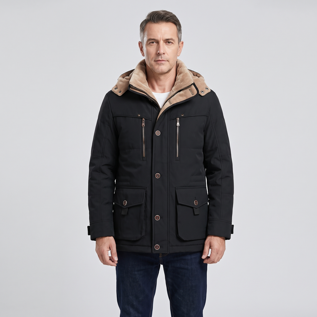 Men's Fleece Lined Winter Parka Detachable Hood Black 0