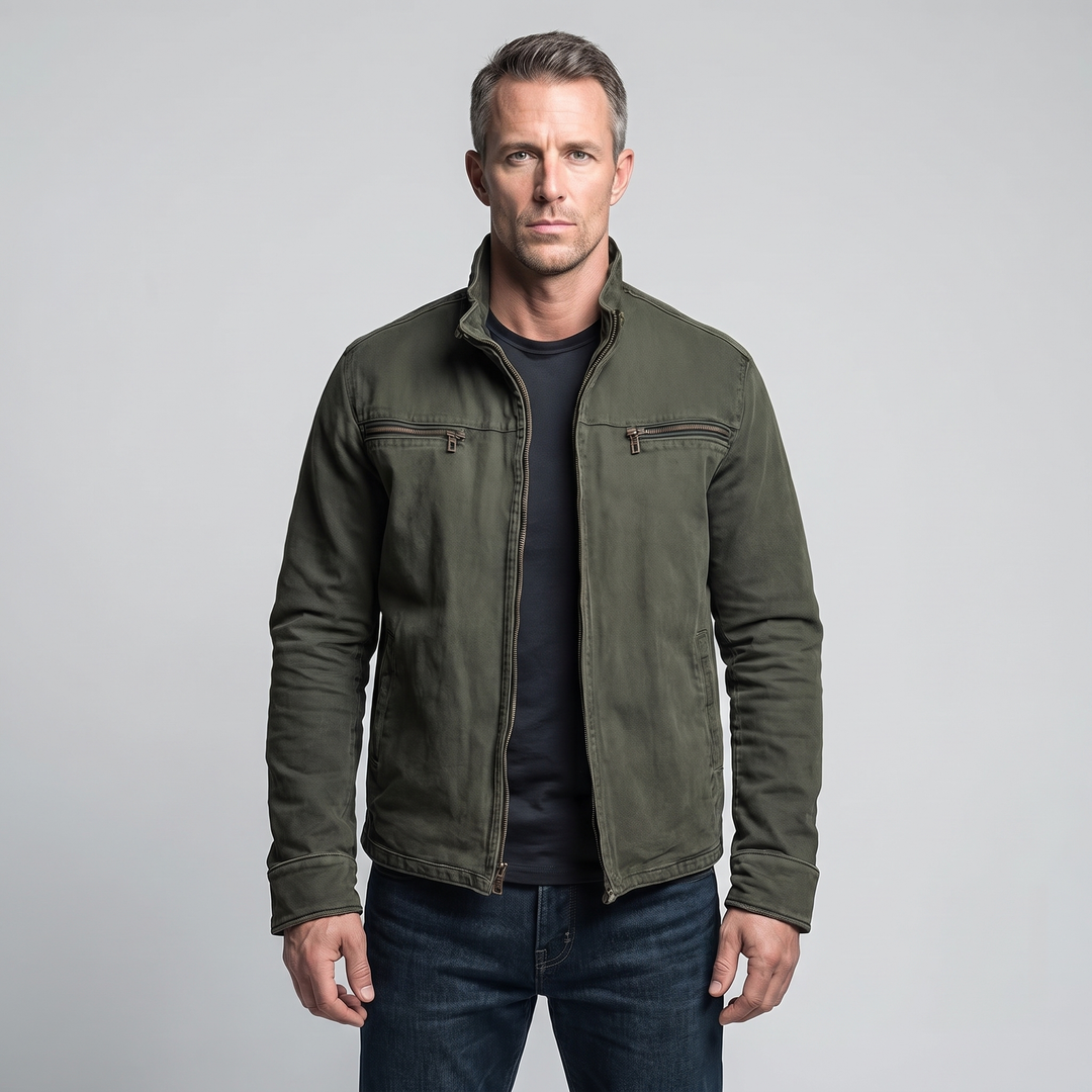 Men's Cotton Blend Stand Collar Zip Jacket Vintage Army Green 0