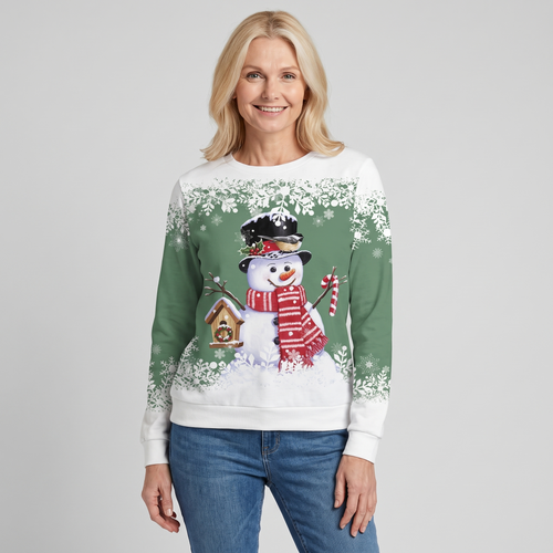Women's Snowman Christmas Jumper Crew Neck Relaxed Fit Green 0