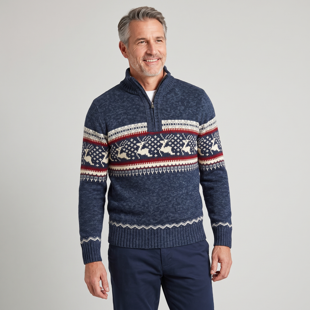 Men's Cotton Blend Fair Isle Half Zip Christmas Jumper Navy 0