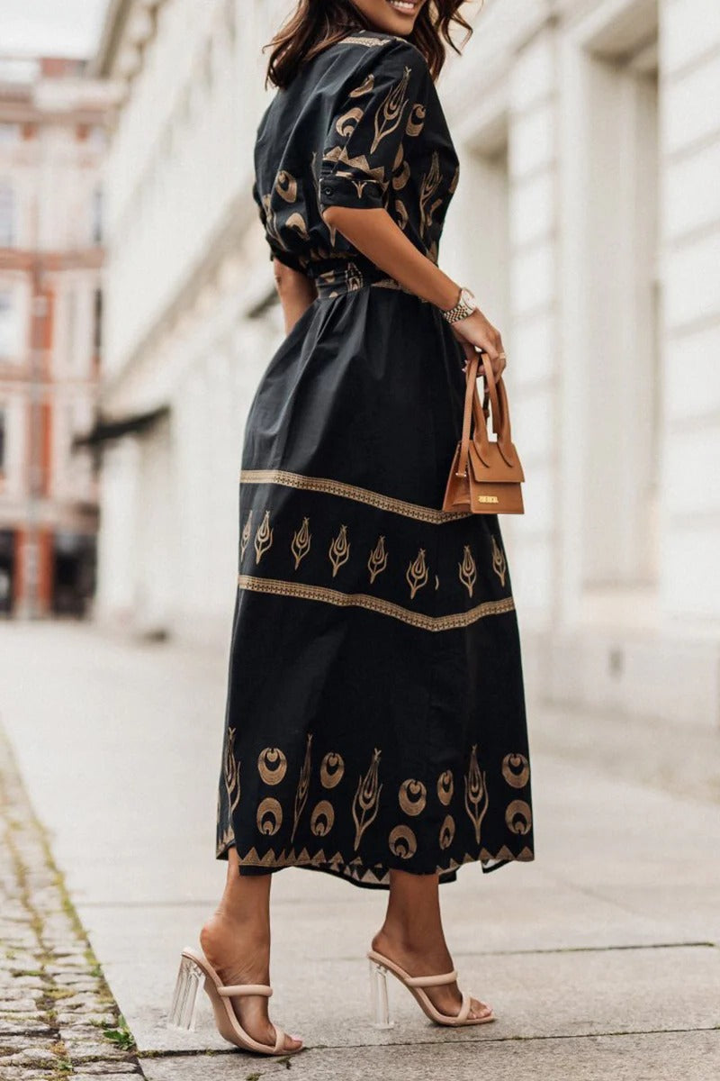 Ptolemy | Gold Celestial Print Belted Shirt Collar Boho Dress