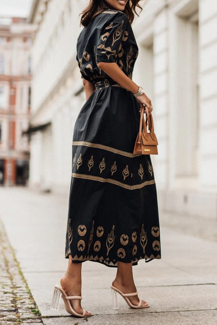 Ptolemy | Gold Celestial Print Belted Shirt Collar Boho Dress