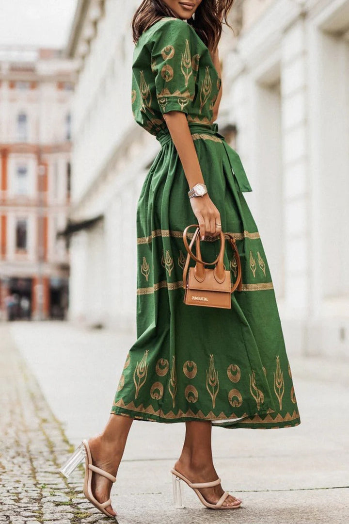 Ptolemy | Gold Celestial Print Belted Shirt Collar Boho Dress
