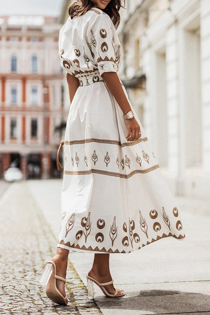 Ptolemy | Gold Celestial Print Belted Shirt Collar Boho Dress