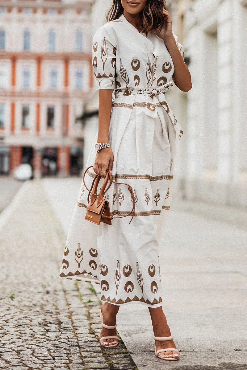 Ptolemy | Gold Celestial Print Belted Shirt Collar Boho Dress