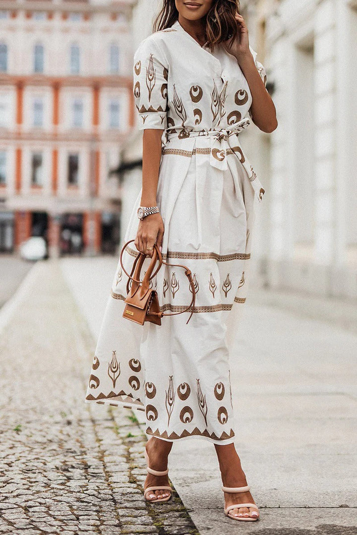 Ptolemy | Gold Celestial Print Belted Shirt Collar Boho Dress