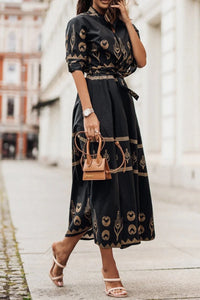 Ptolemy | Gold Celestial Print Belted Shirt Collar Boho Dress