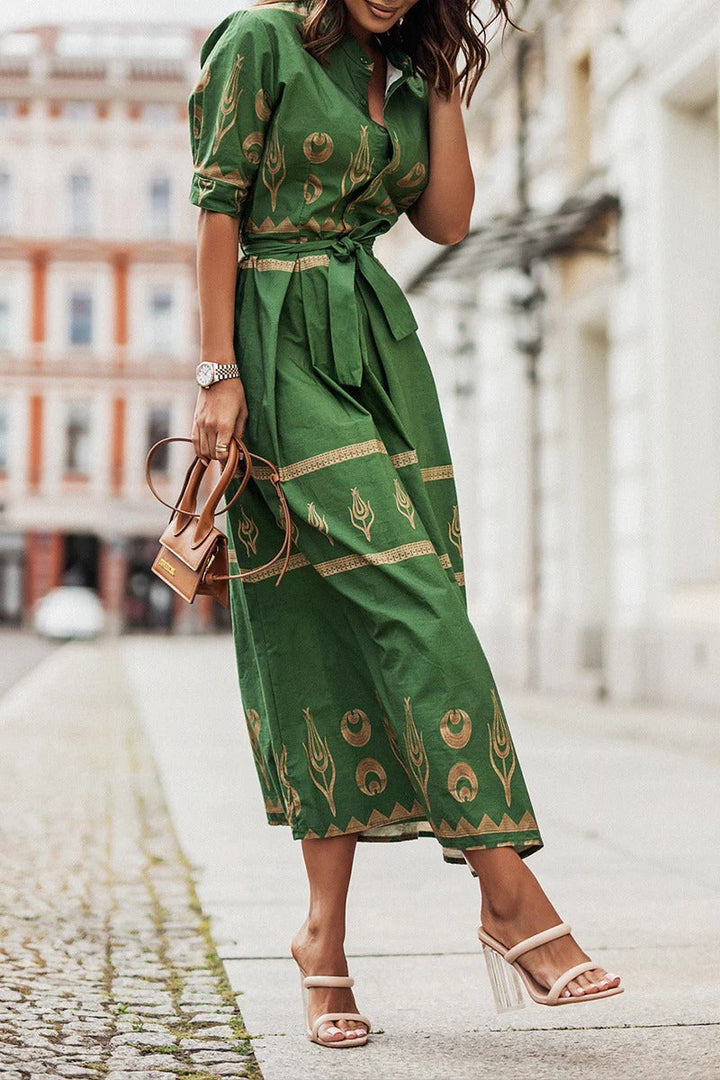 Ptolemy | Gold Celestial Print Belted Shirt Collar Boho Dress