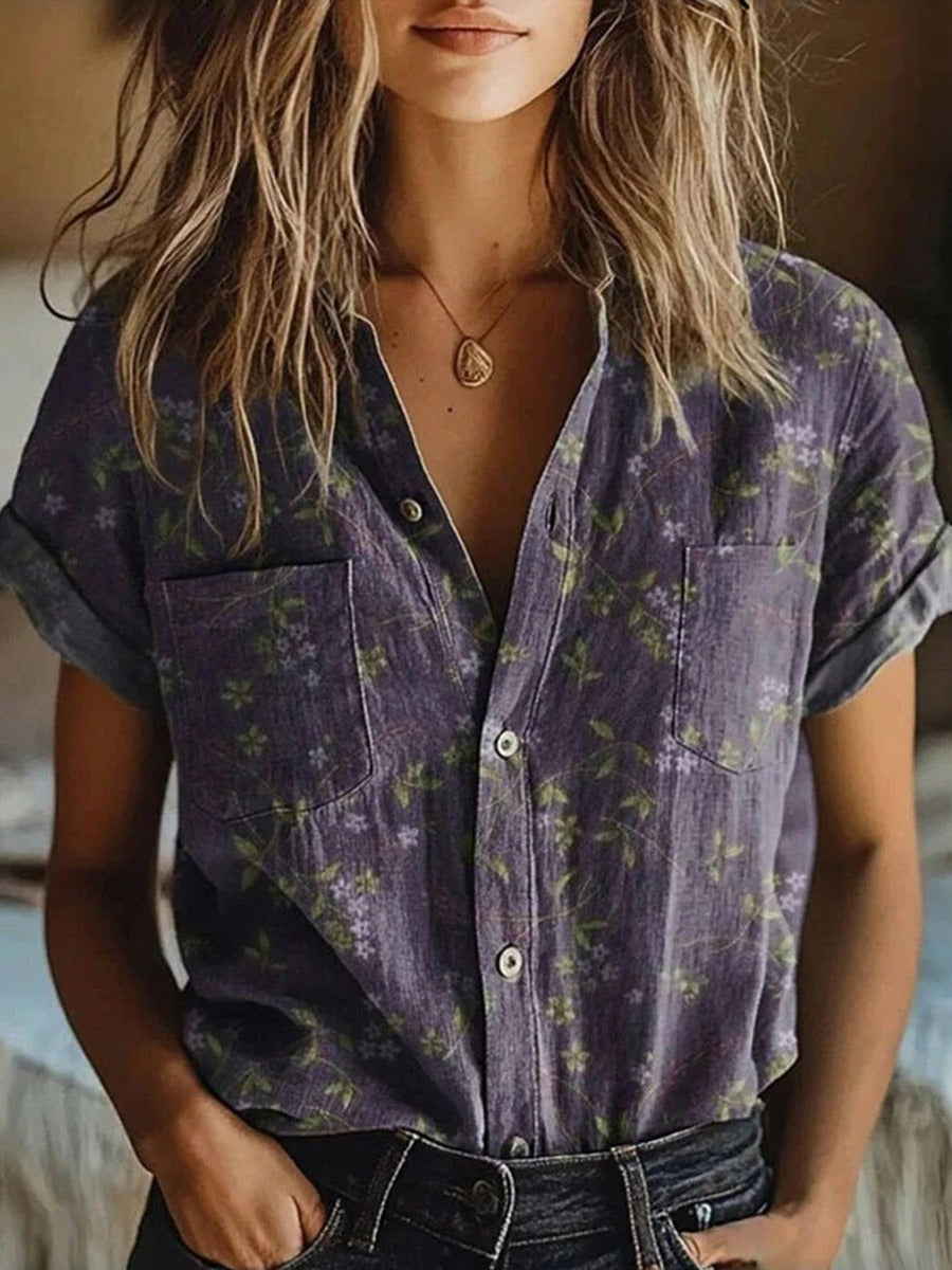 Indigo | Floral Print Short Sleeve Womens Blouse