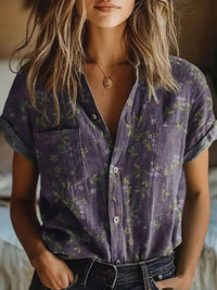 Indigo | Floral Print Short Sleeve Womens Blouse