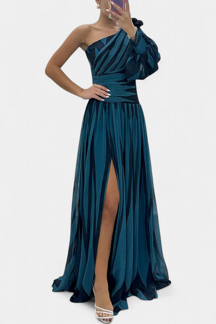Zephyrine | Graphic Stripe One Shoulder Cocktail Dress with High Split