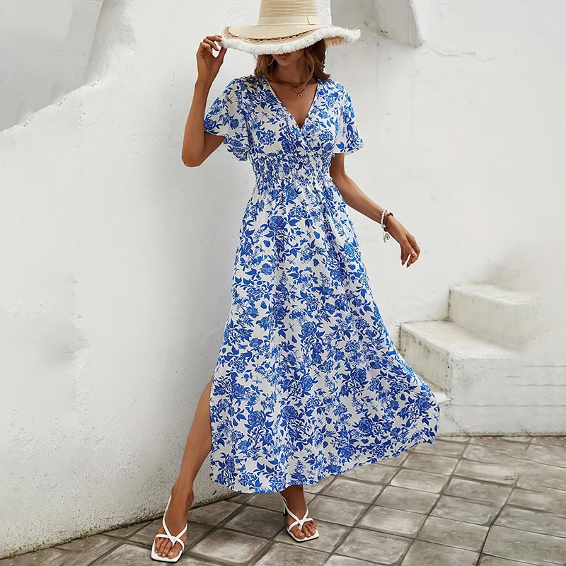 Delftia | Blue Floral V-Neck Smocked Waist Boho Dress with Side Split