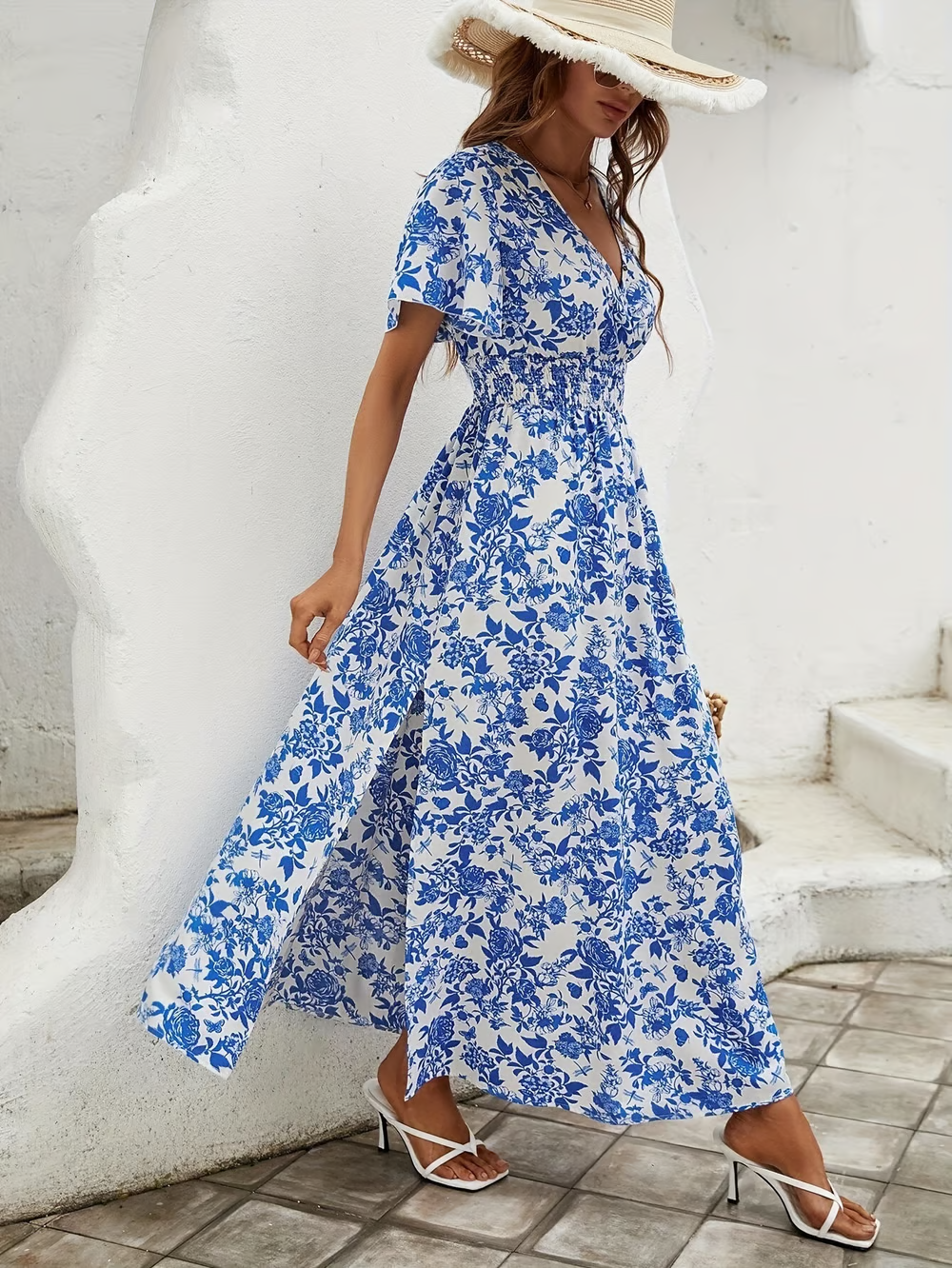 Delftia | Blue Floral V-Neck Smocked Waist Boho Dress with Side Split