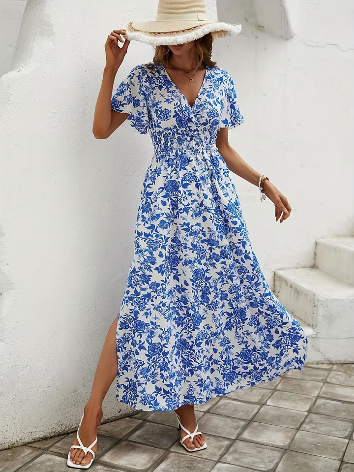 Delftia | Blue Floral V-Neck Smocked Waist Boho Dress with Side Split