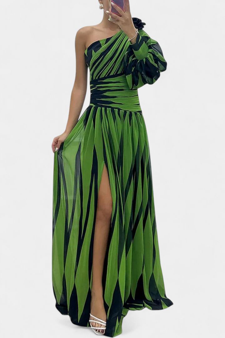 Zephyrine | Graphic Stripe One Shoulder Cocktail Dress with High Split