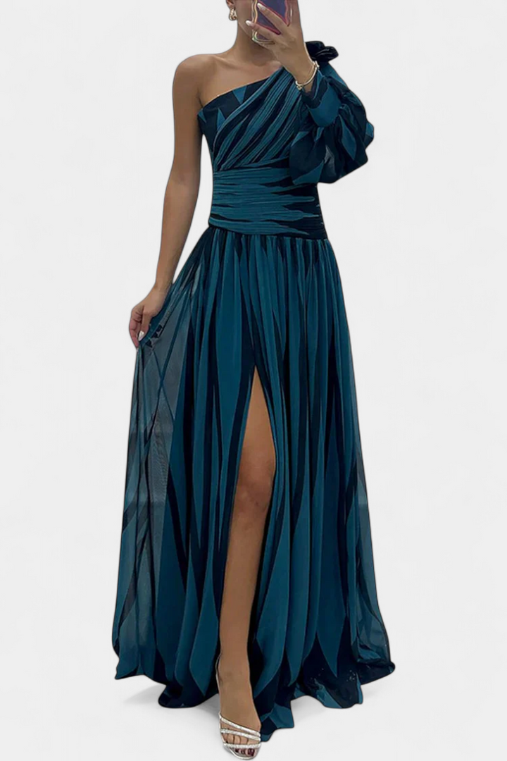 Zephyrine | Graphic Stripe One Shoulder Cocktail Dress with High Split