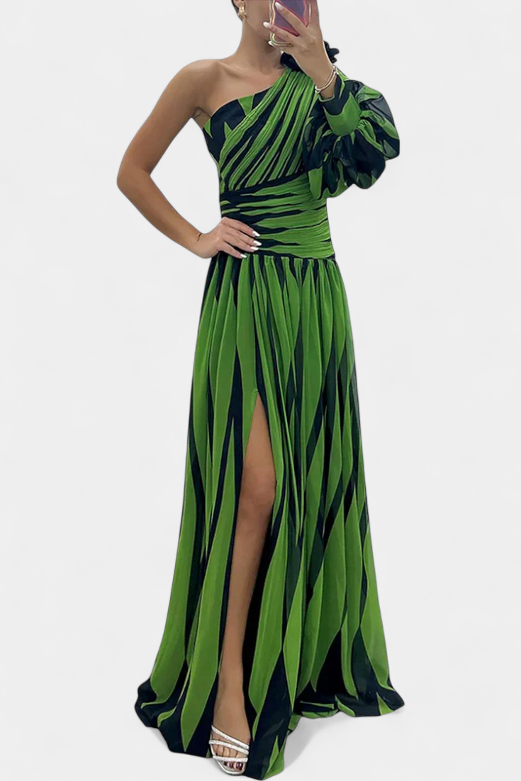 Zephyrine | Graphic Stripe One Shoulder Cocktail Dress with High Split