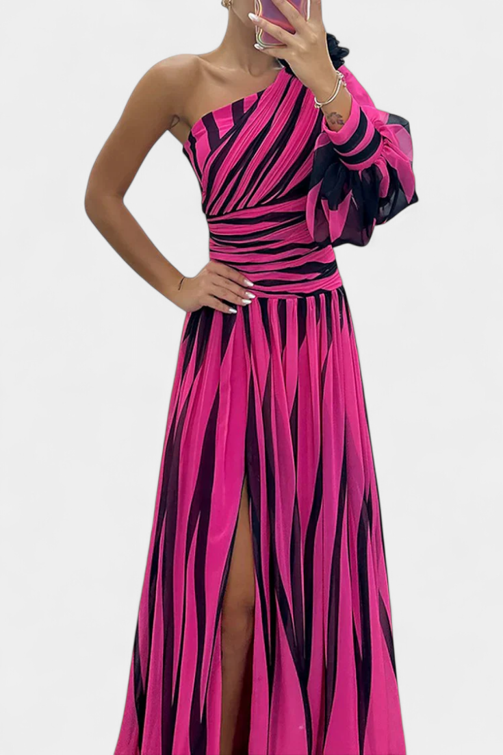 Zephyrine | Graphic Stripe One Shoulder Cocktail Dress with High Split