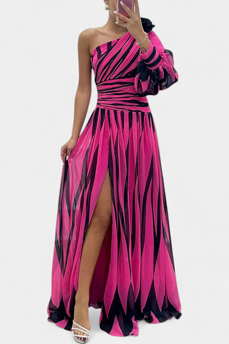 Zephyrine | Graphic Stripe One Shoulder Cocktail Dress with High Split