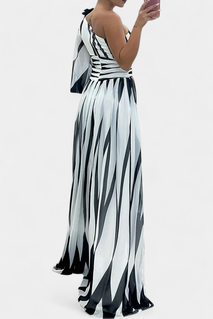 Zephyrine | Graphic Stripe One Shoulder Cocktail Dress with High Split