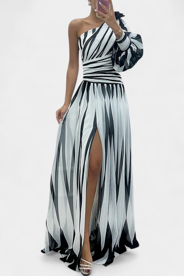 Zephyrine | Graphic Stripe One Shoulder Cocktail Dress with High Split