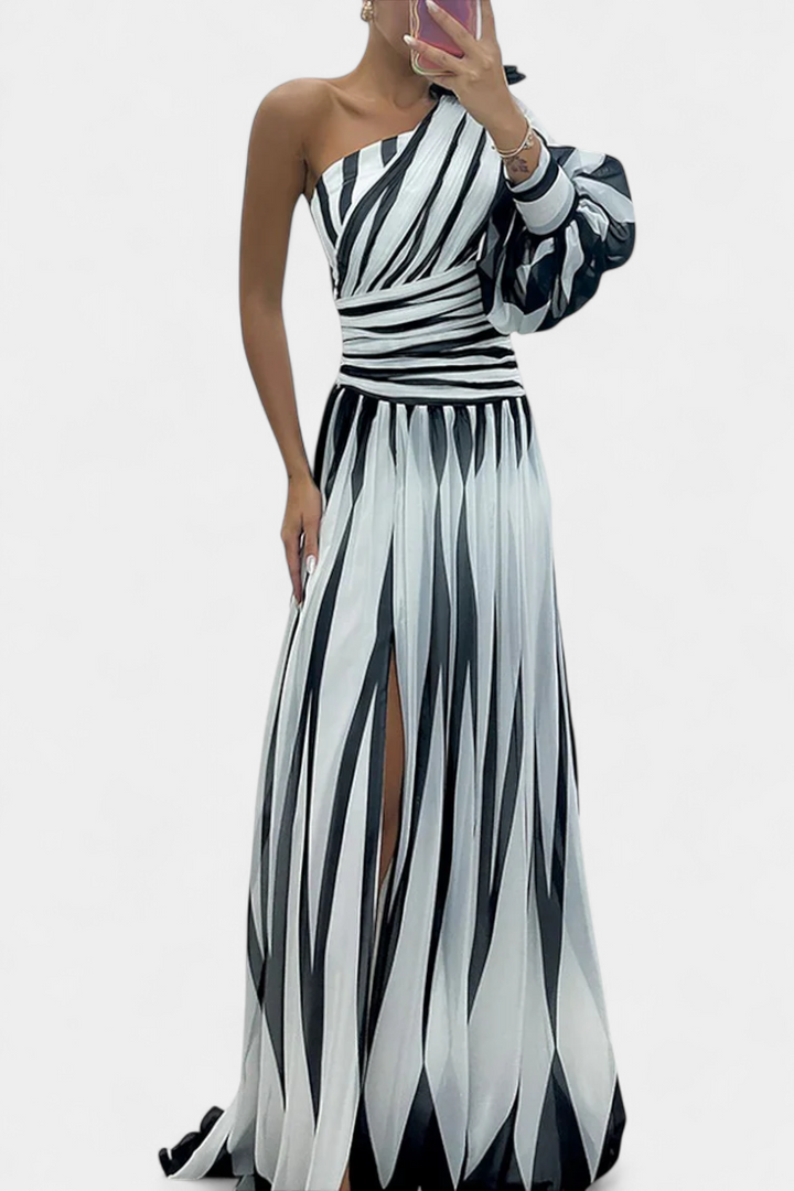 Zephyrine | Graphic Stripe One Shoulder Cocktail Dress with High Split