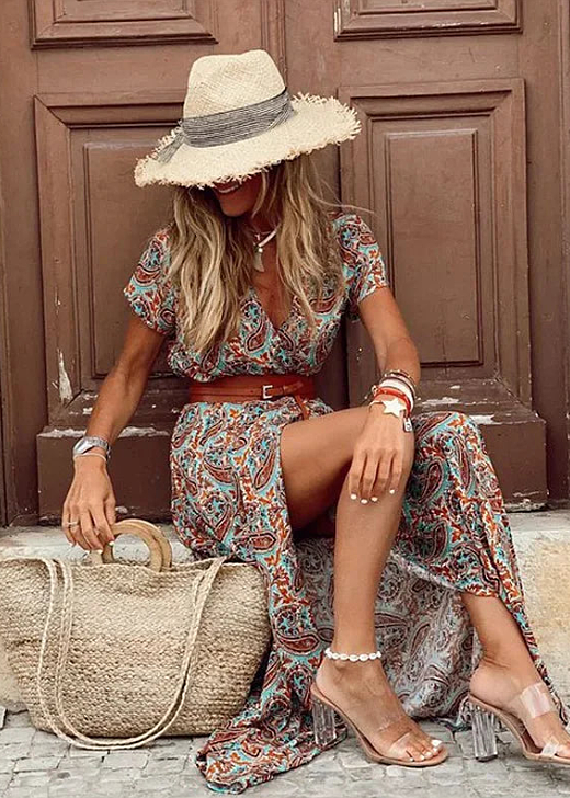 Camille | Floral Wrap V-Neck Boho Dress with Side Split