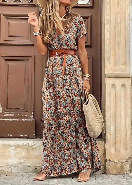 Camille | Floral Wrap V-Neck Boho Dress with Side Split