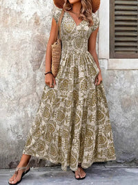 Aurelia | Damask Print Sweetheart Smocked Boho Dress with Cap Sleeves