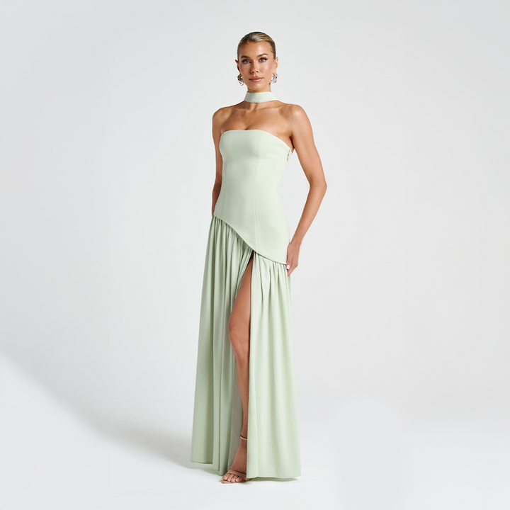 Odessa | Women's Strapless Maxi Dress with High Slit Detail