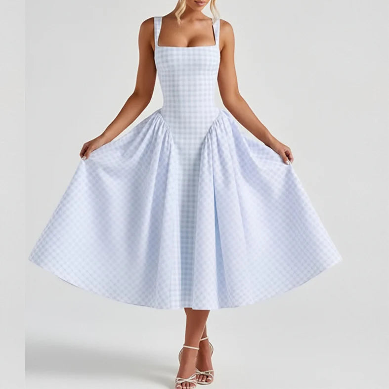 Harriet | Gingham Square Neck Womens Pleated Midi Dress