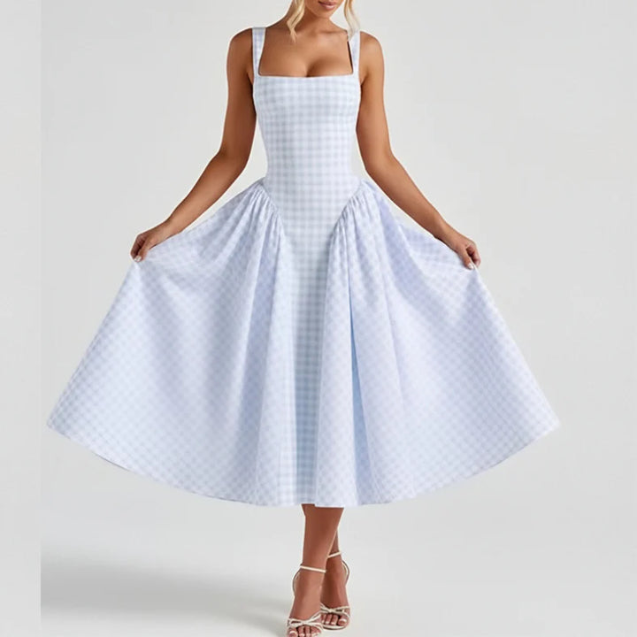 Harriet | Gingham Square Neck Womens Pleated Midi Dress