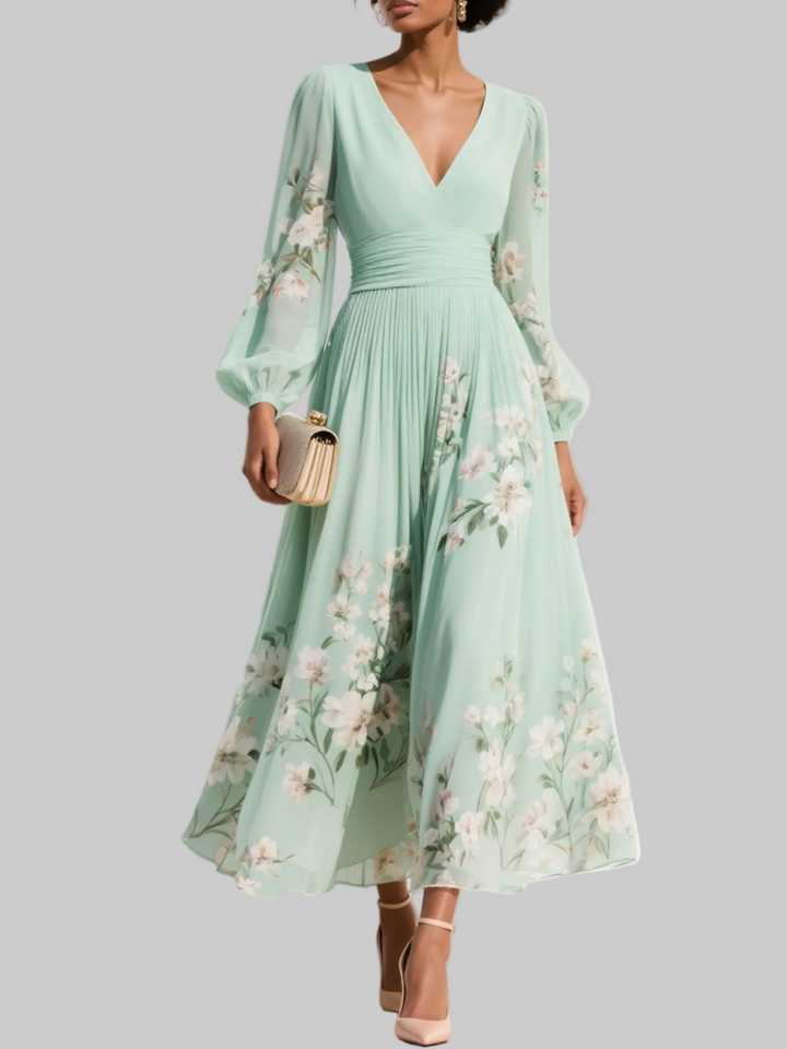 Florette | Floral Lantern Sleeve Womens Pleated Midi Dress