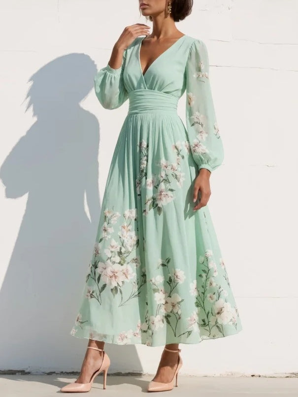 Florette | Floral Lantern Sleeve Womens Pleated Midi Dress