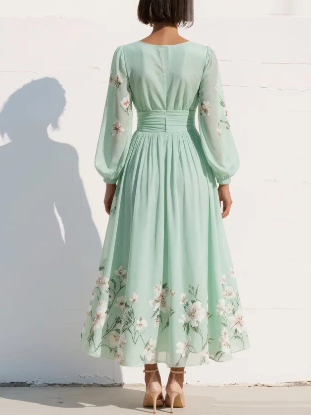 Florette | Floral Lantern Sleeve Womens Pleated Midi Dress